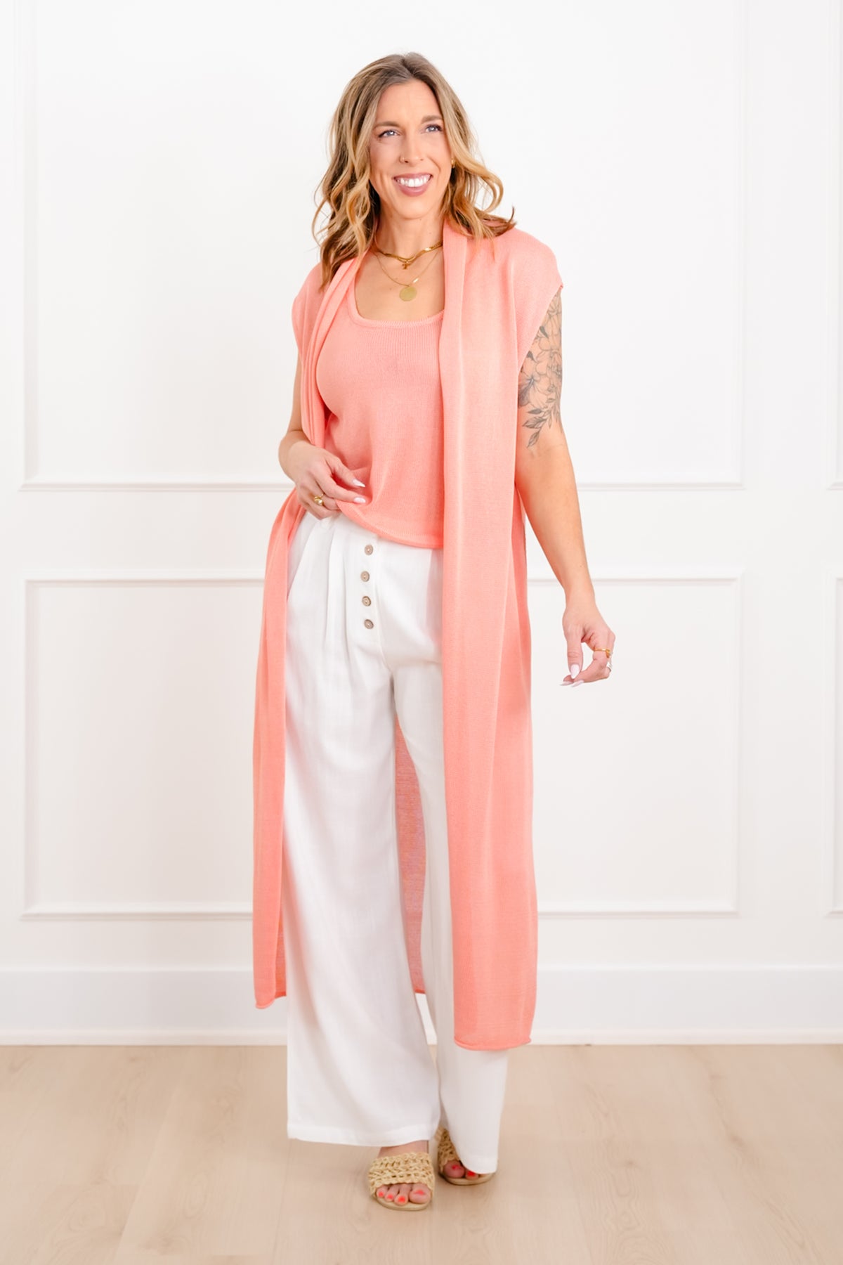 Knit Sleeveless Long Cardigan and Tank Top Set - Freckled Poppy