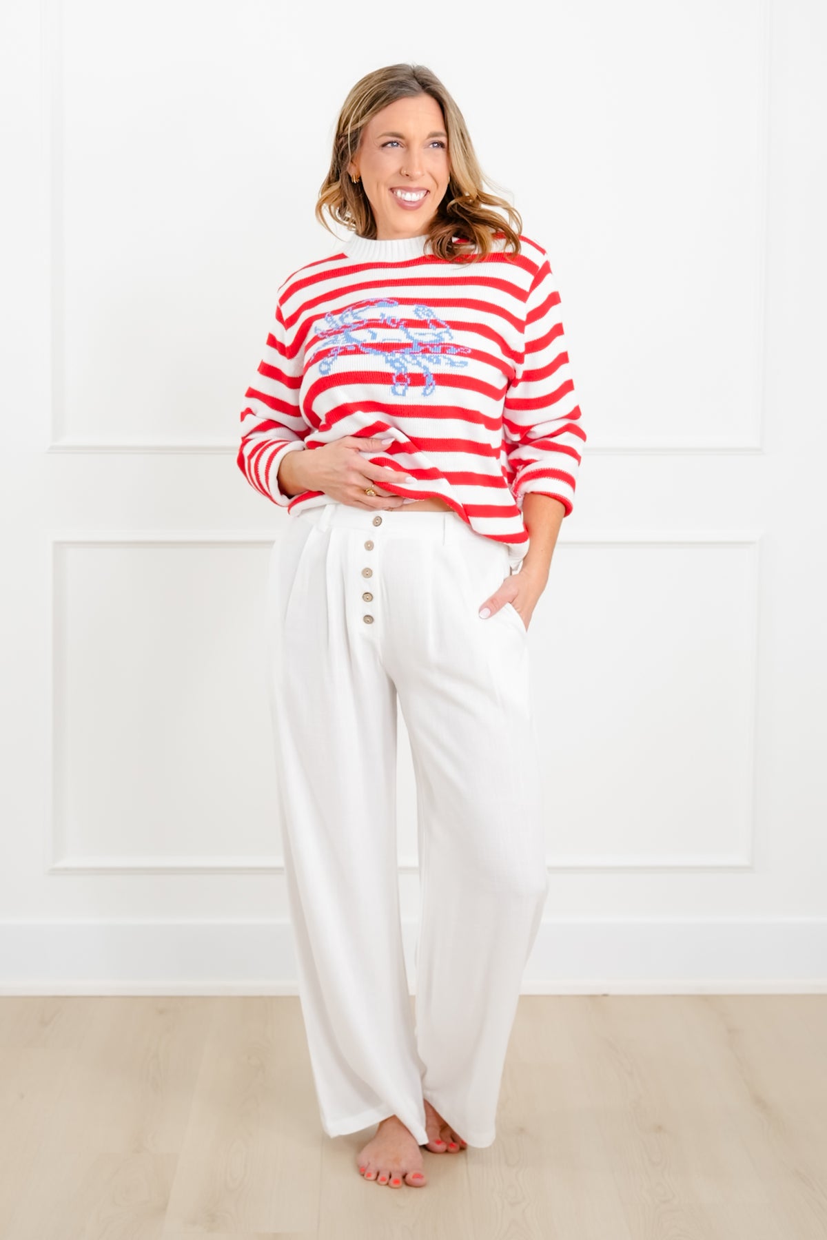 Linen Blend High Waist Button Fly Palazzo Pants - Freckled Poppy