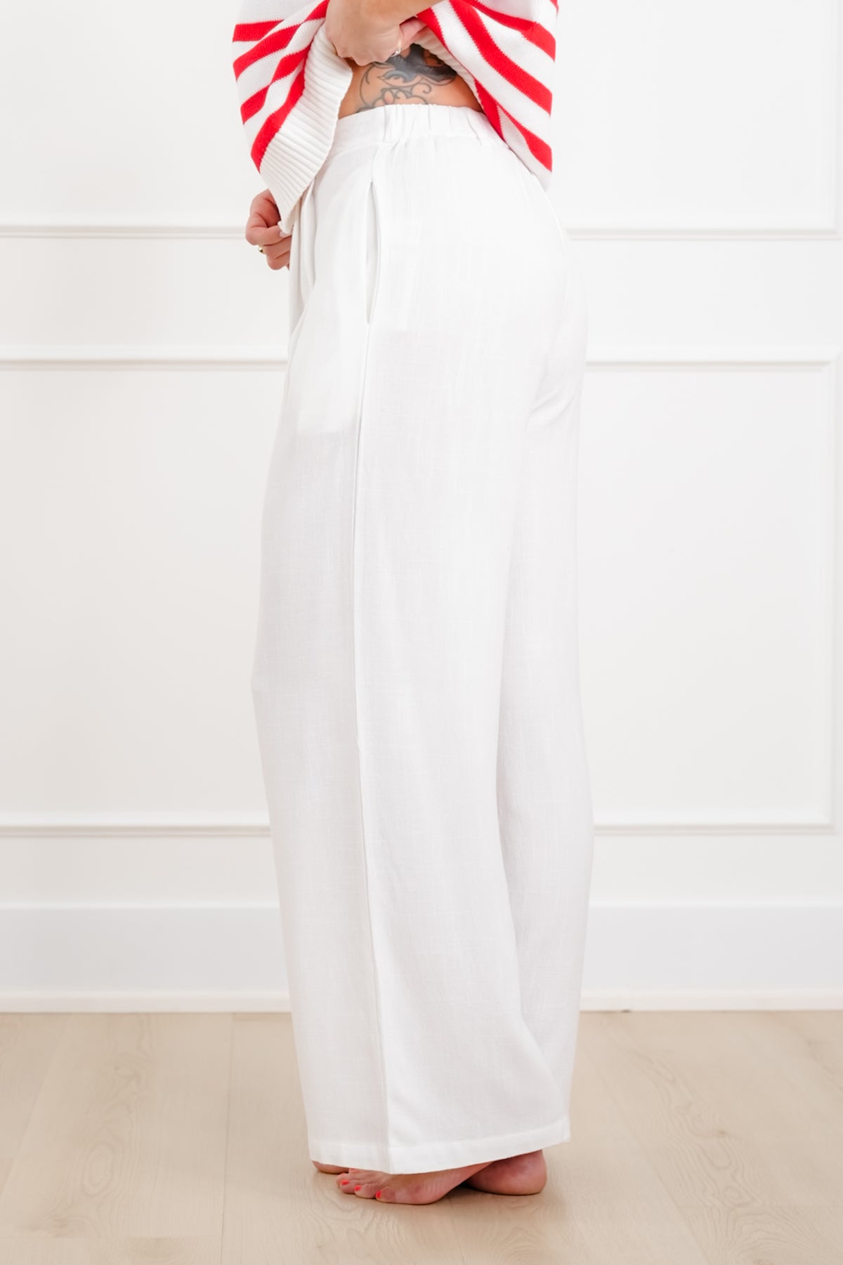 Linen Blend High Waist Button Fly Palazzo Pants - Freckled Poppy
