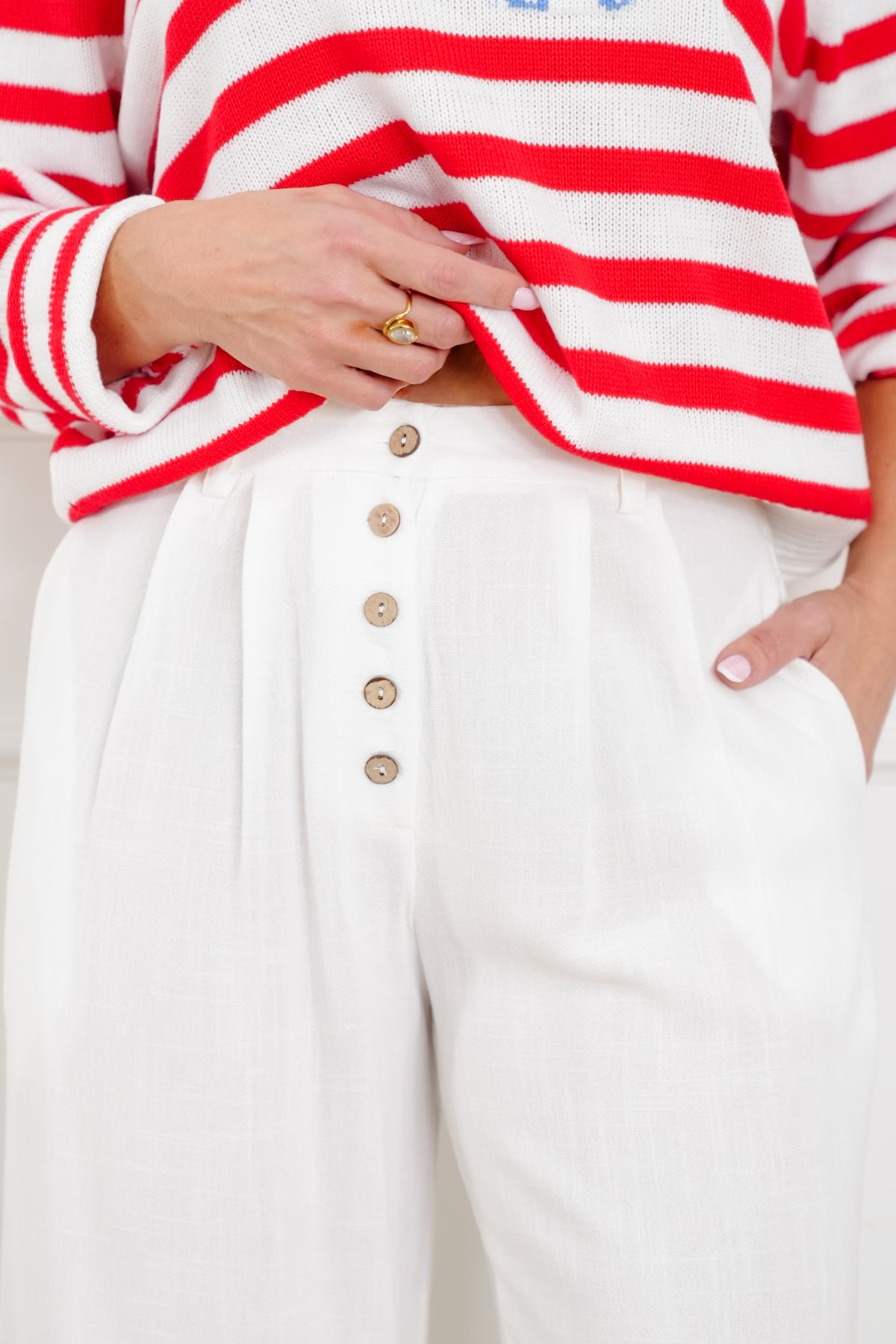 Linen Blend High Waist Button Fly Palazzo Pants - Freckled Poppy