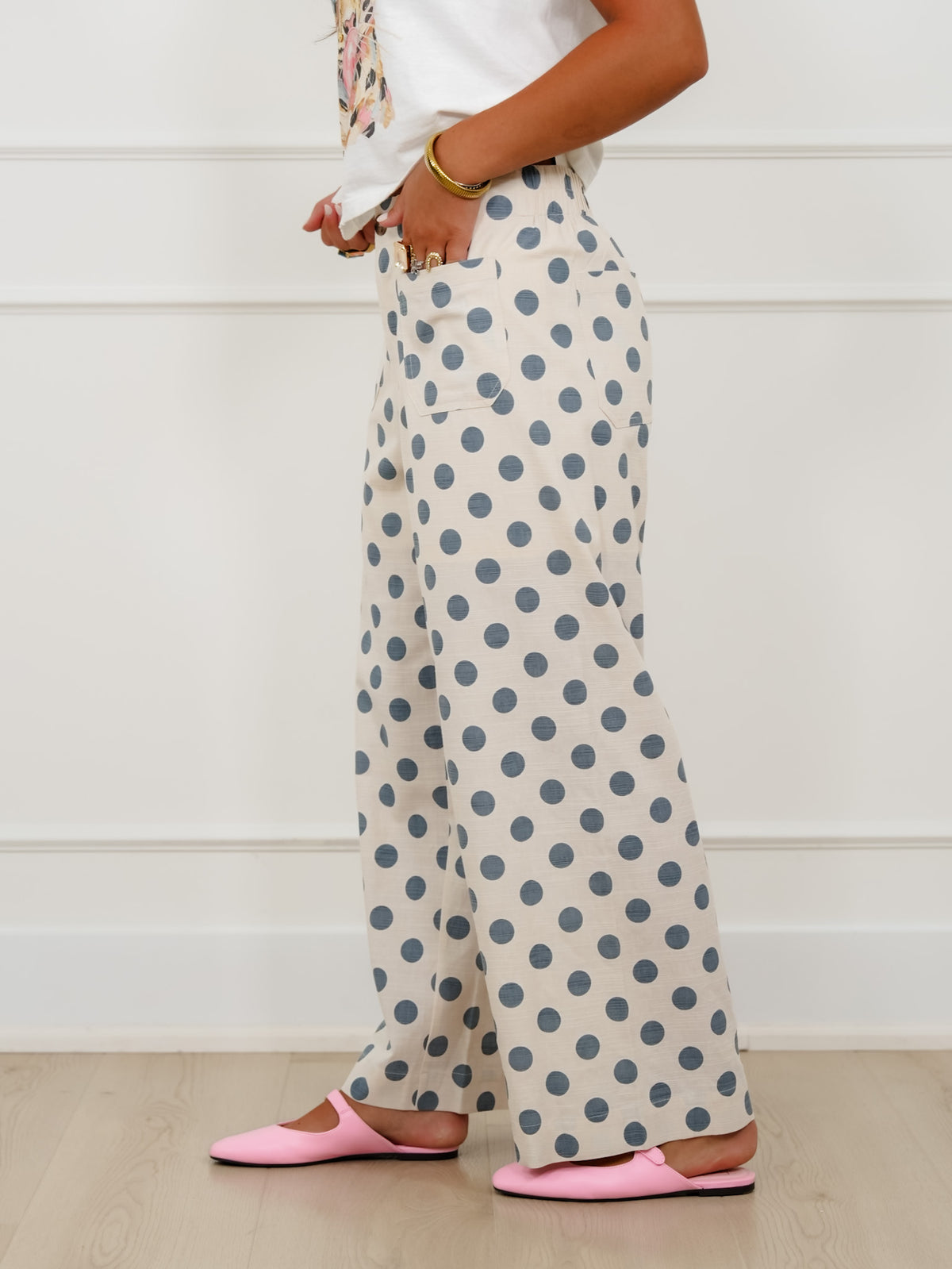 Polka Dot Print Elastic Back Wide Leg Pants - Freckled Poppy