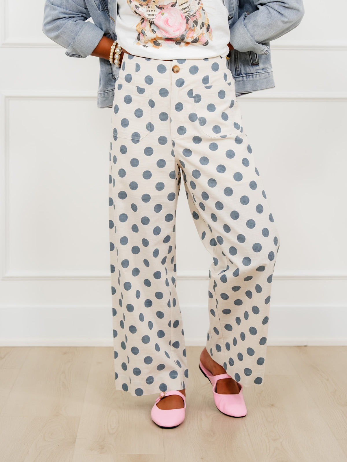 Polka Dot Print Elastic Back Wide Leg Pants - Freckled Poppy