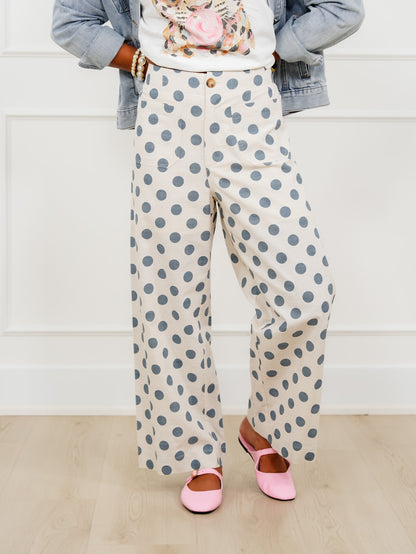 Polka Dot Print Elastic Back Wide Leg Pants - Freckled Poppy