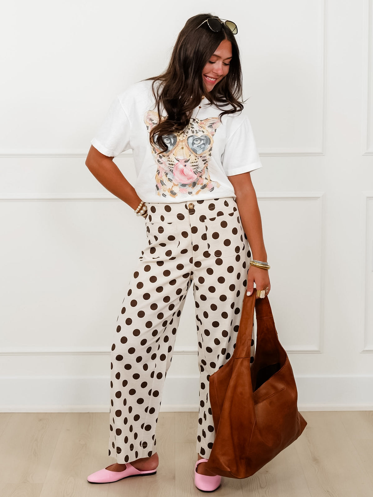 Polka Dot Print Elastic Back Wide Leg Pants - Freckled Poppy