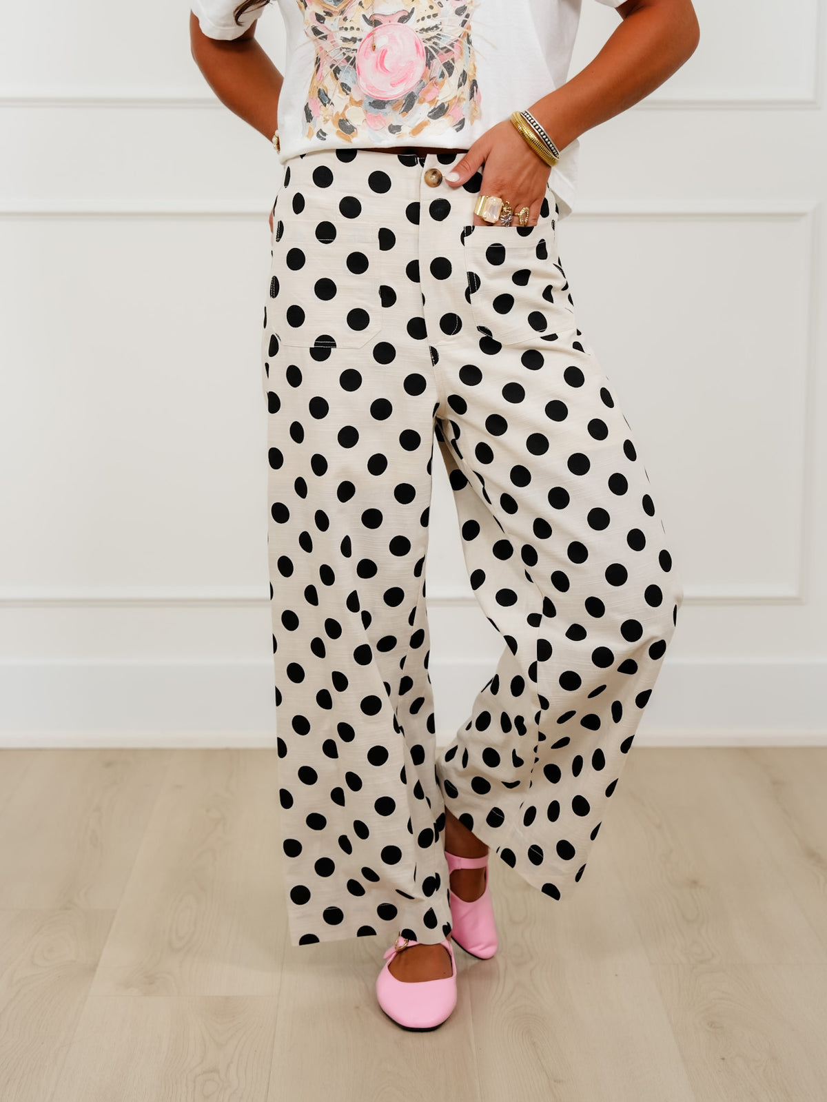Polka Dot Print Elastic Back Wide Leg Pants - Freckled Poppy