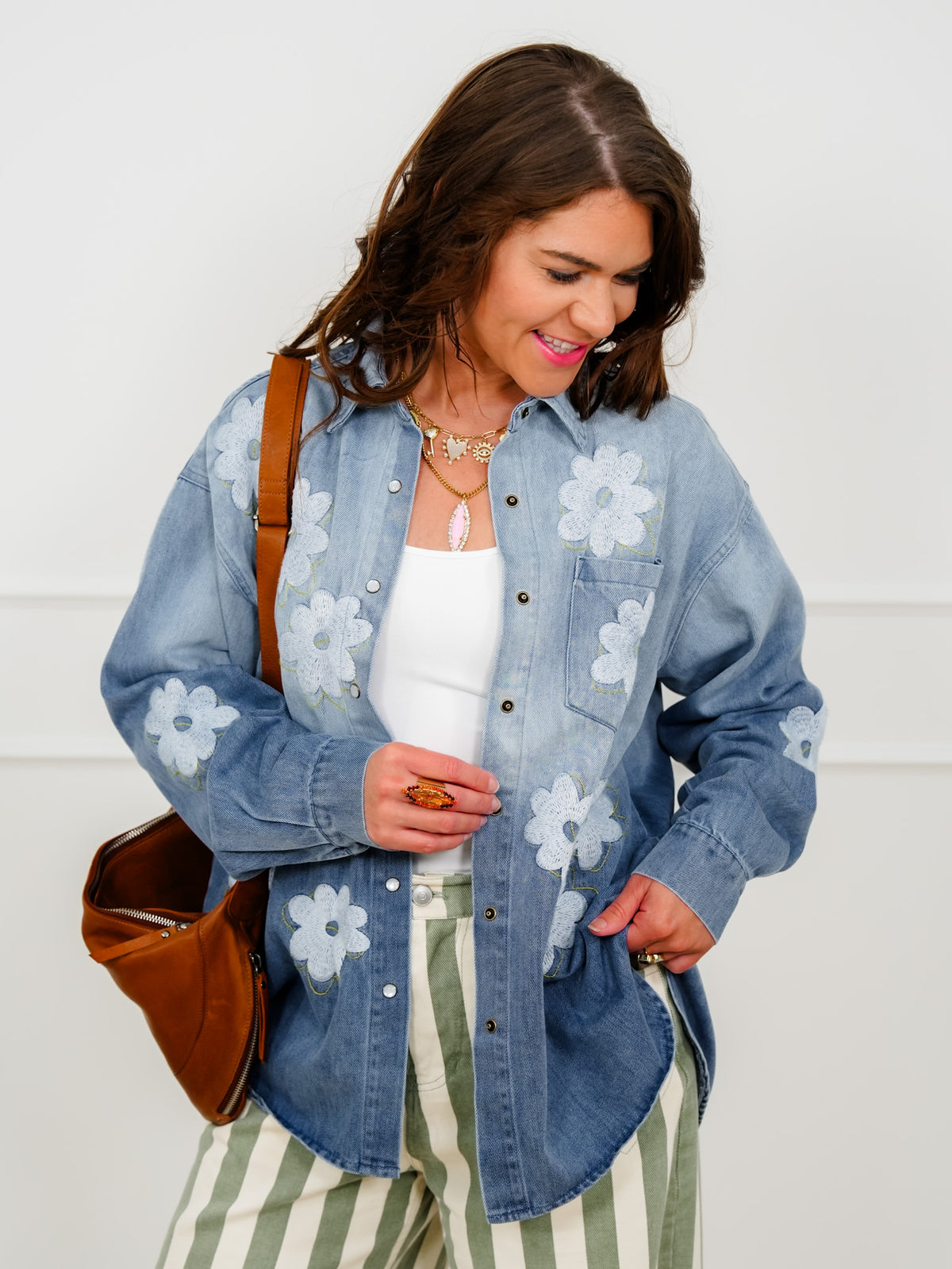 Flower Embroidered Long Sleeve Button Down Top - Freckled Poppy