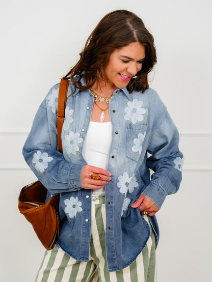 Flower Embroidered Long Sleeve Button Down Top - Freckled Poppy