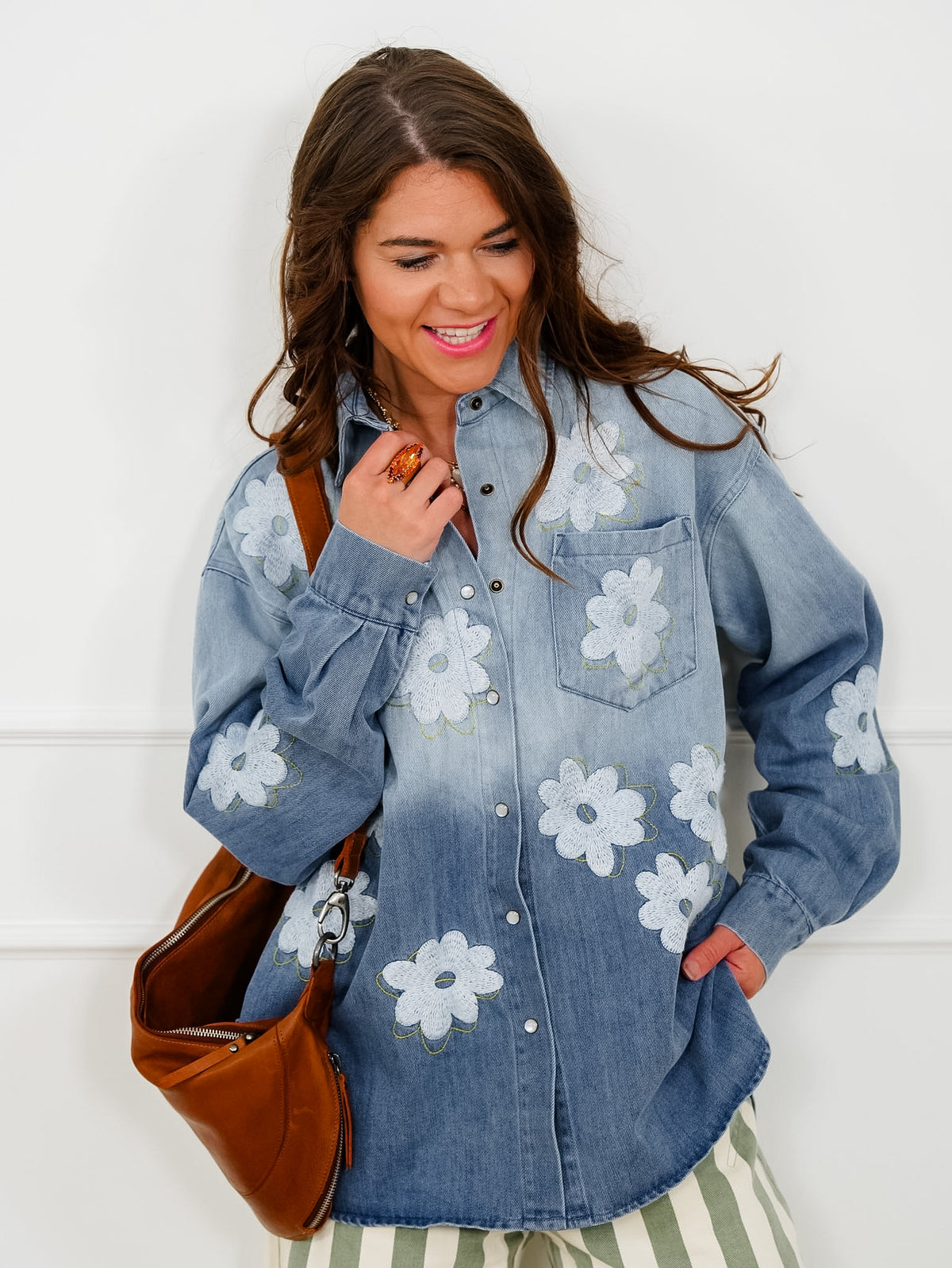 Flower Embroidered Long Sleeve Button Down Top - Freckled Poppy