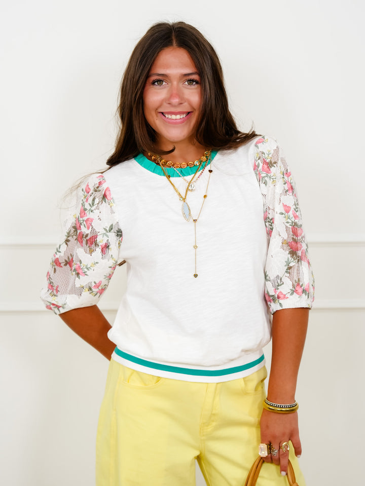 Half Floral Puff Sleeve Knit Top with Contrast Stripe - Freckled Poppy