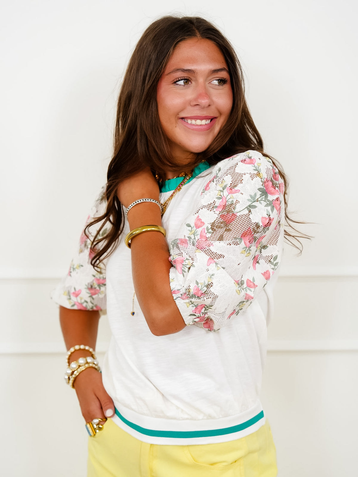 Half Floral Puff Sleeve Knit Top with Contrast Stripe - Freckled Poppy