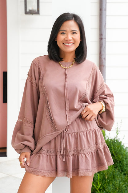 Lace Trim Long Sleeve Pullover Top and Skort Set - Freckled Poppy