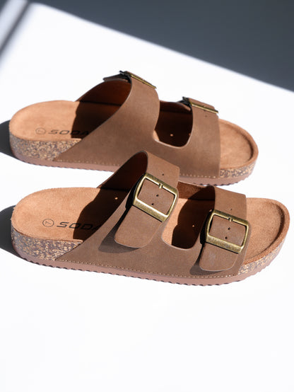 Double Buckle Cork Footbed Slide Sandal - Freckled Poppy