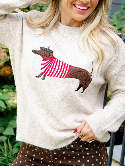 Plus/Reg Embroidered Parisian Dog Long Sleeve Sweater