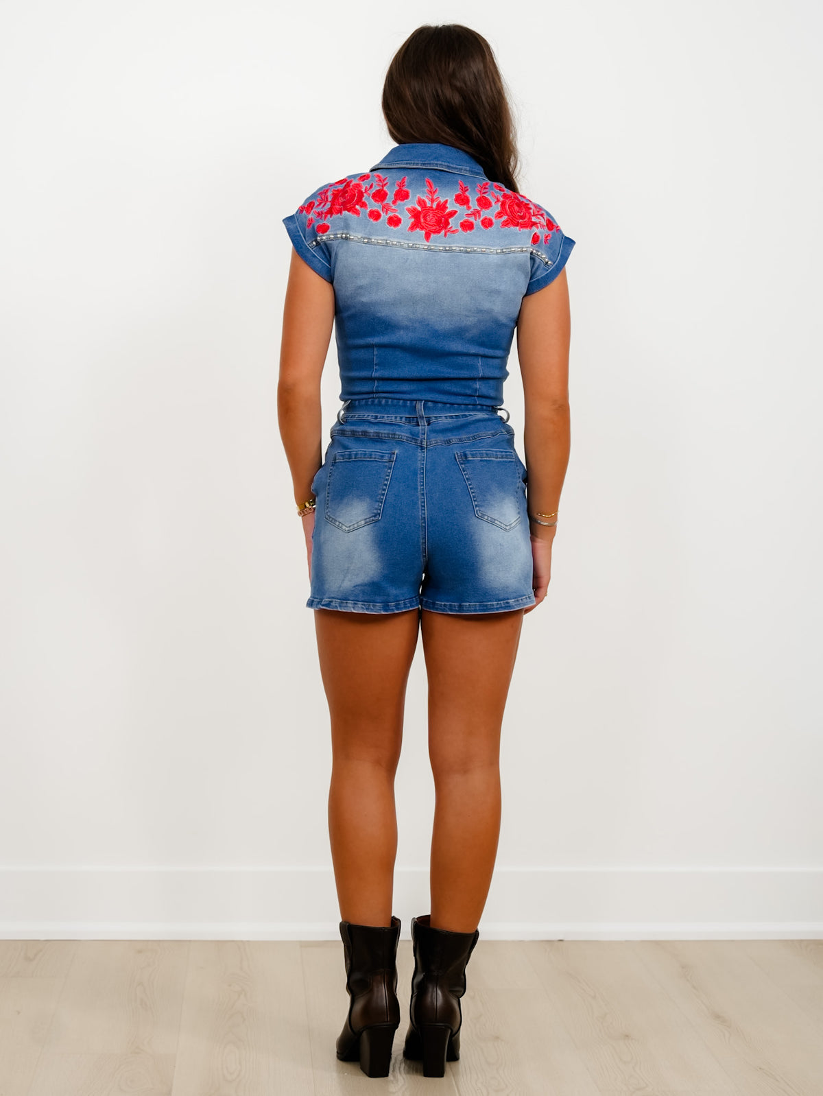 Short Sleeve Button Down Belted Romper with Floral Embroidery - Freckled Poppy