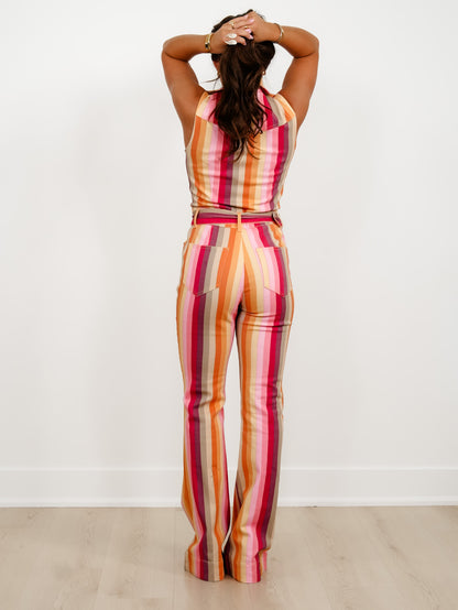 Vertical Stripe Sleeveless Belted Jumpsuit - Freckled Poppy
