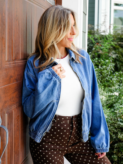Vintage Wash Long Sleeve Jacket With Elastic Hem & Zipper