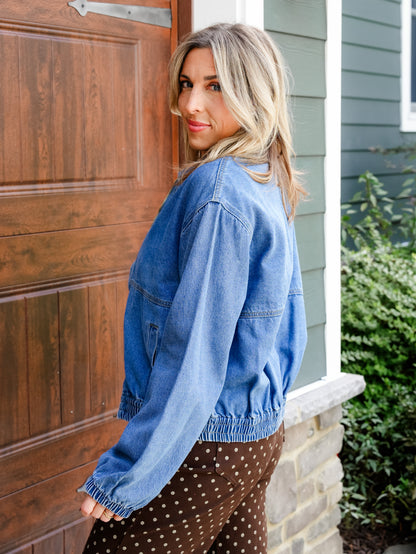 Vintage Wash Long Sleeve Jacket With Elastic Hem & Zipper