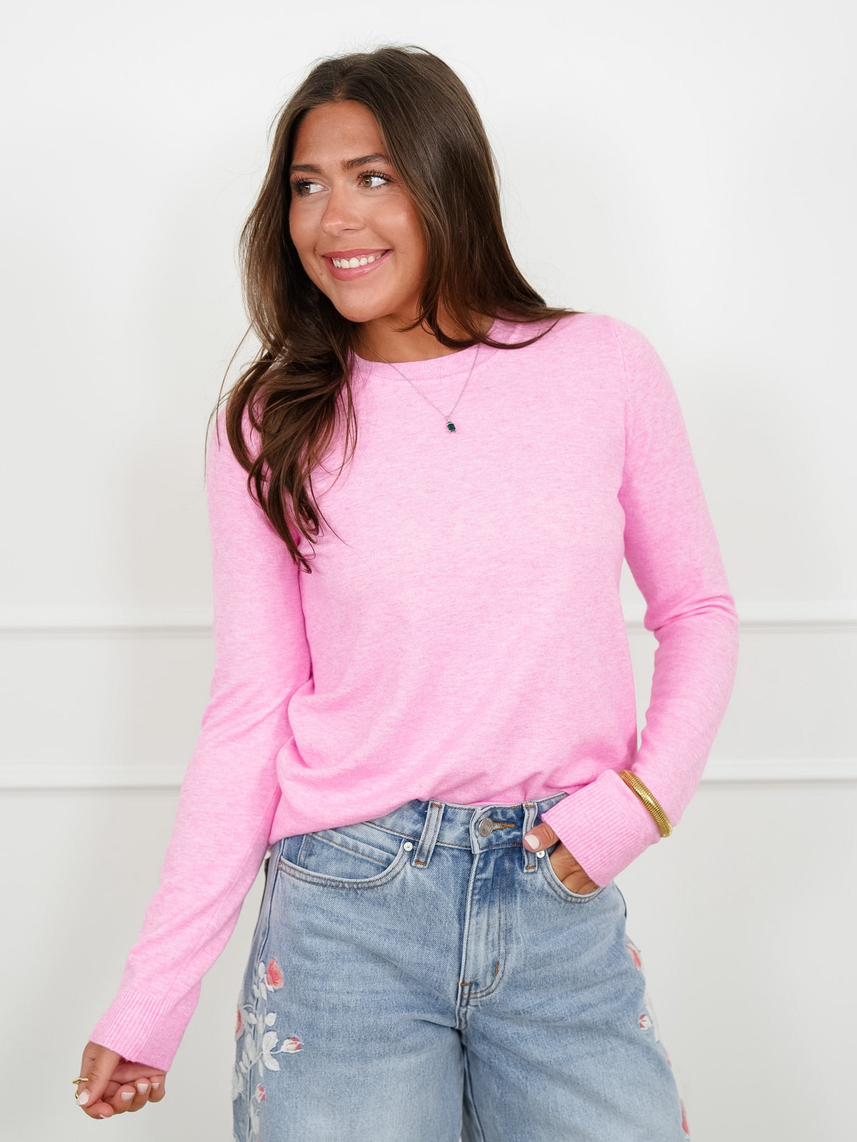 Solid Long Sleeve Crew Neck Pullover Sweater - Freckled Poppy