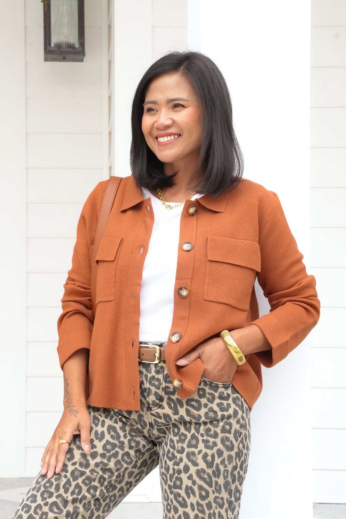 Plus/Reg Knit Long Sleeve Button Down Top - Freckled Poppy