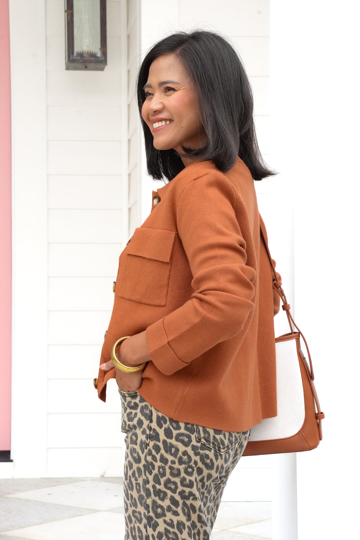 Plus/Reg Knit Long Sleeve Button Down Top - Freckled Poppy