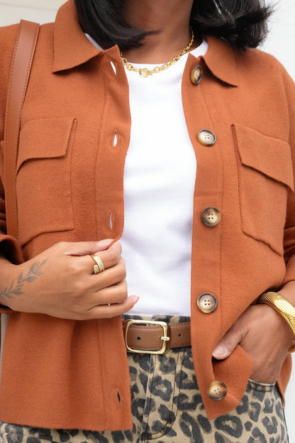 Plus/Reg Knit Long Sleeve Button Down Top - Freckled Poppy