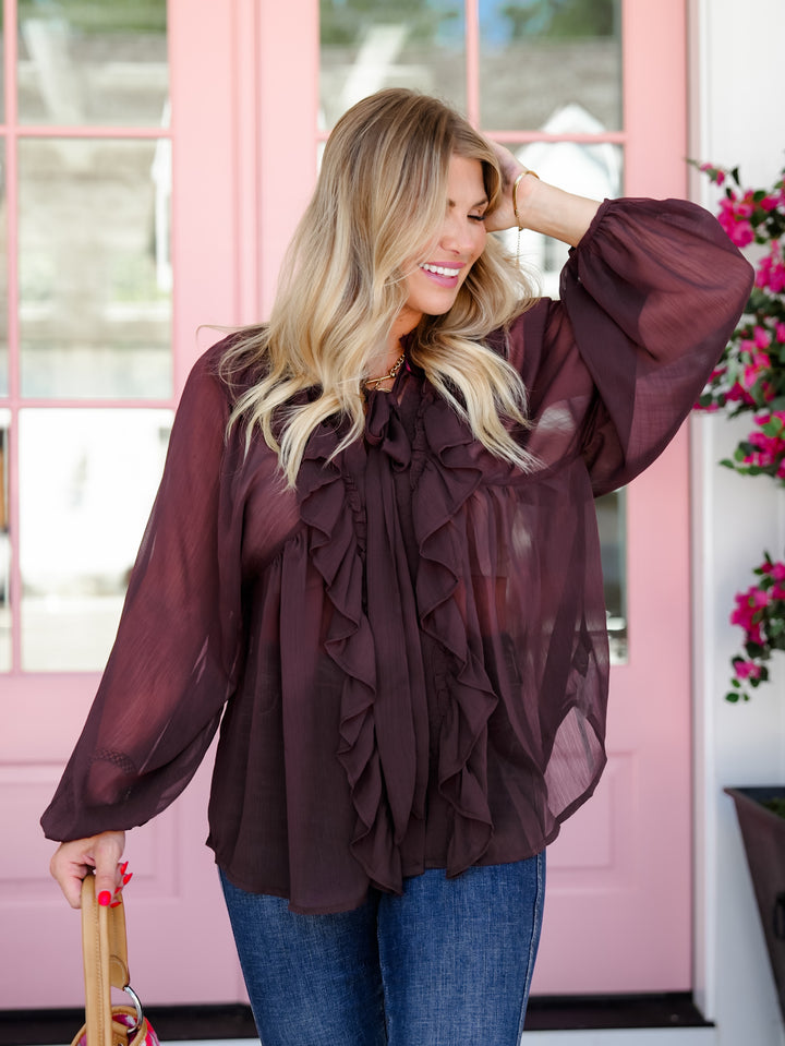 Chiffon Long Sleeve Ruffle Front Top - Freckled Poppy