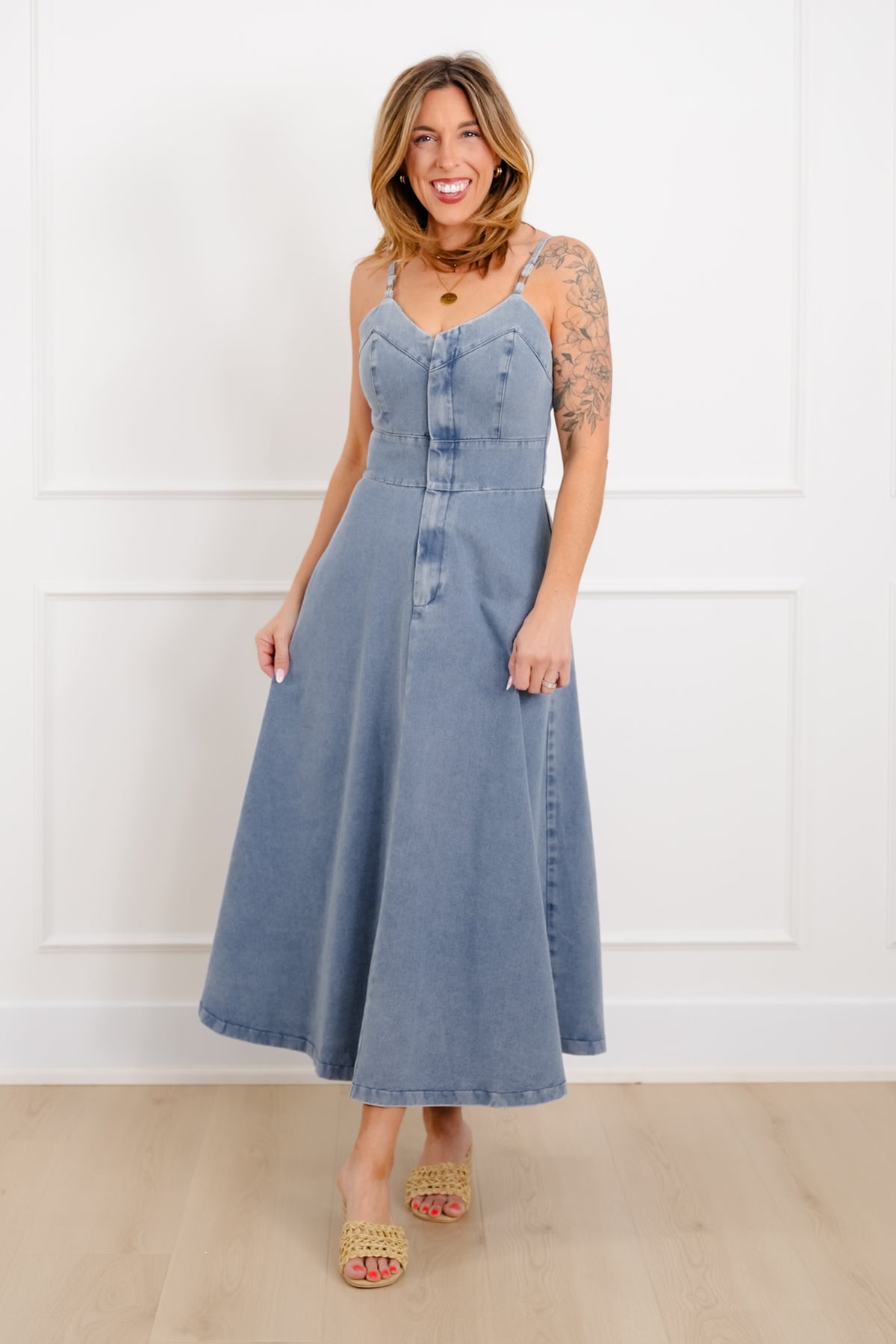 Medium Wash Sleeveless A-Line Maxi Dress - Freckled Poppy