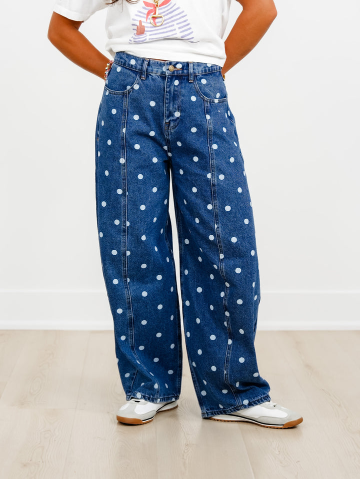Medium Wash Polka Dot Barrel Jeans - Freckled Poppy