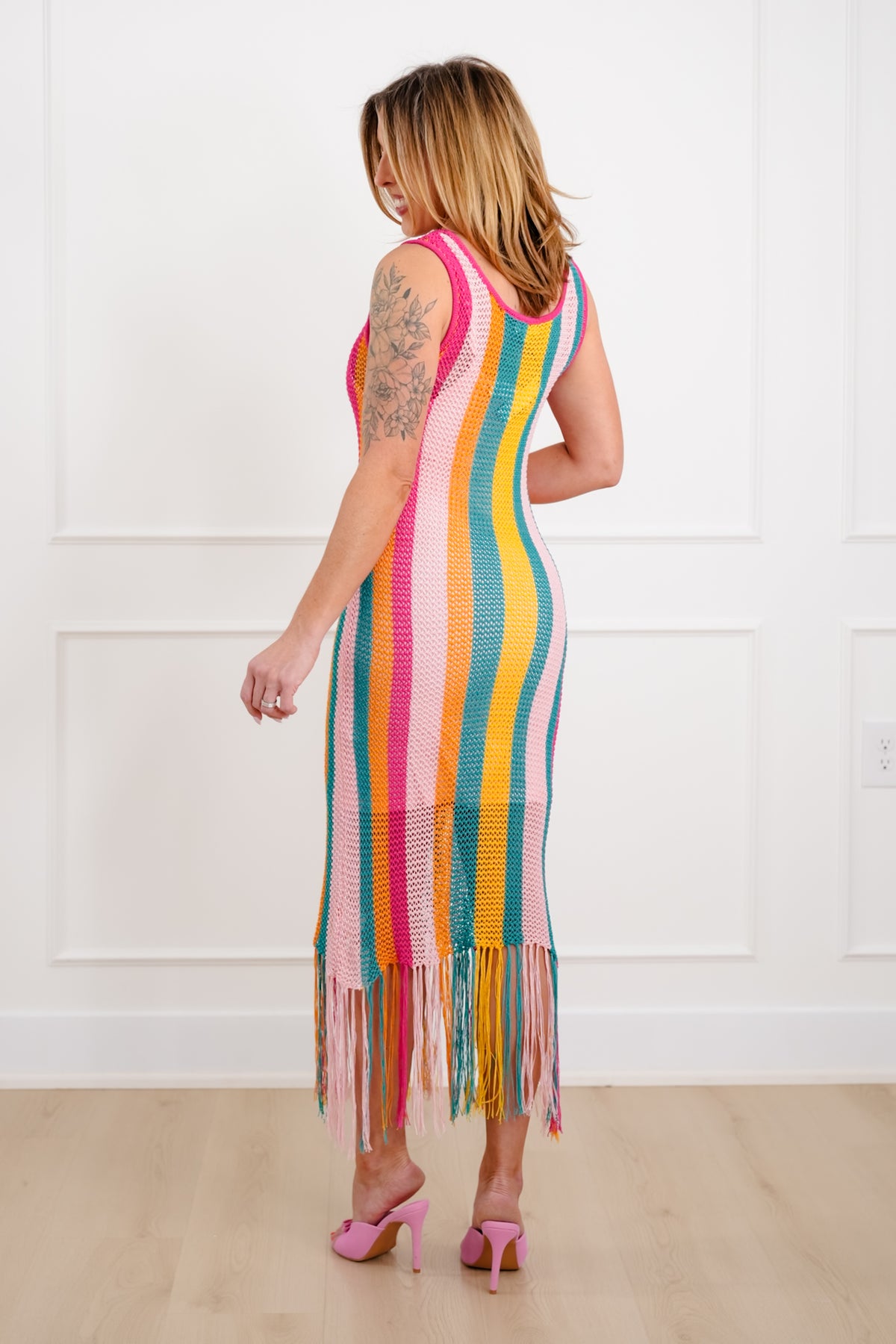 Crochet Stripe Sleeveless Cami Knit Dress with Fringe Hem - Freckled Poppy