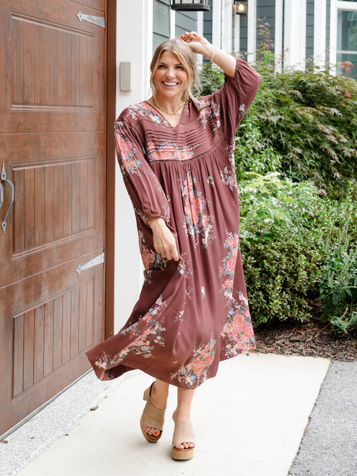Floral Print Long Sleeve V-Neck Midi Dress