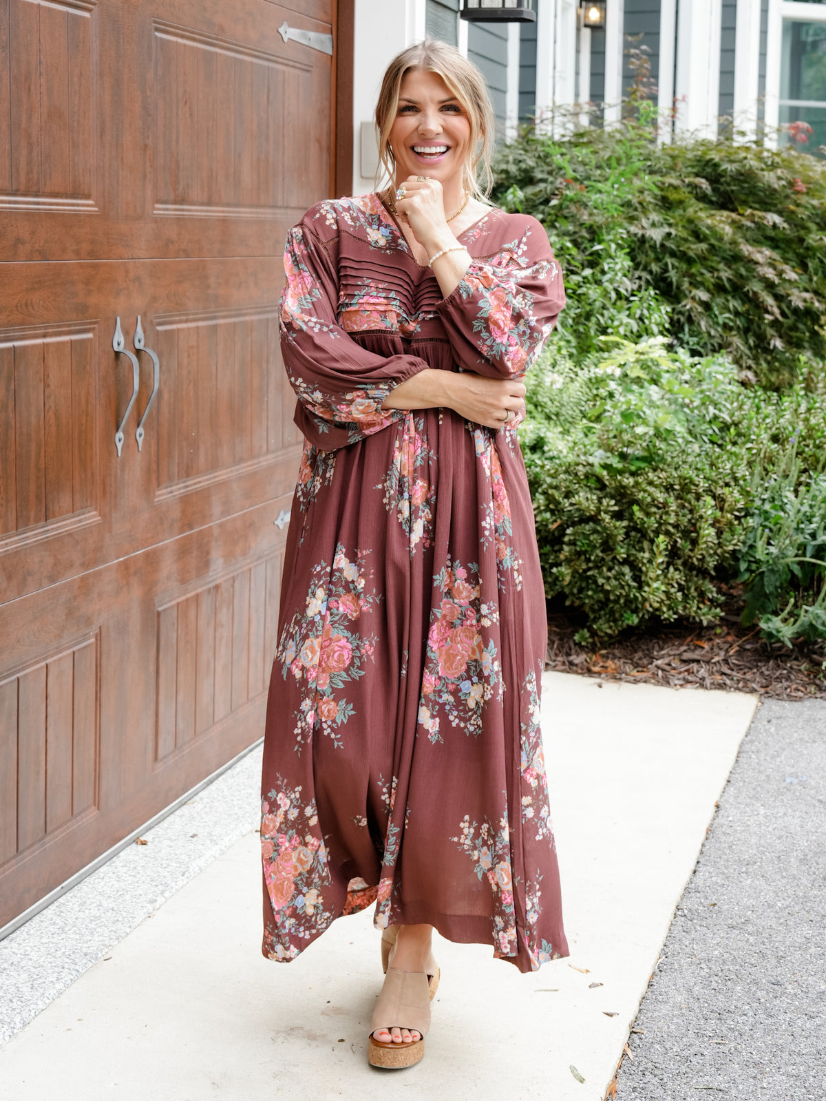 Floral Print Long Sleeve V-Neck Midi Dress