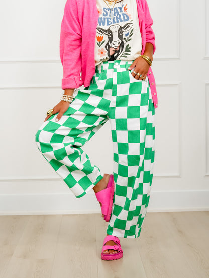 Plus/Reg Checkered Print Barrel Pants - Freckled Poppy