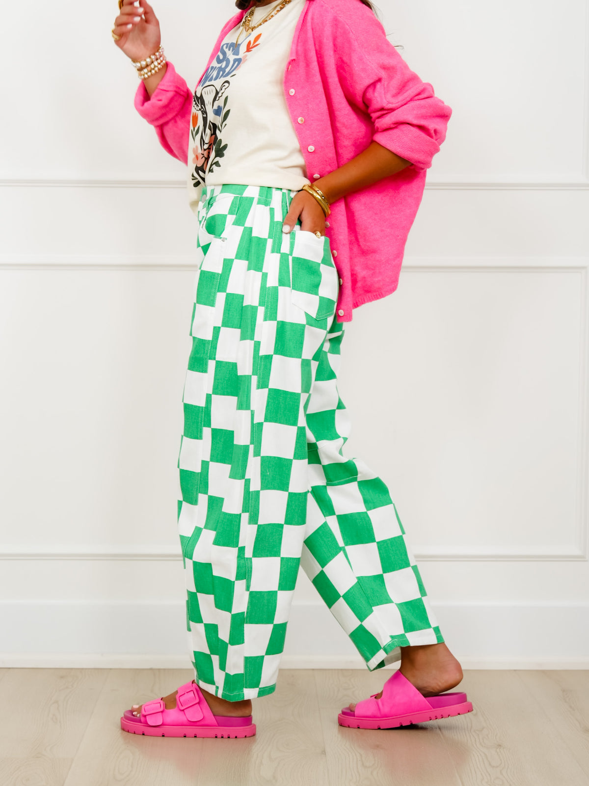 Plus/Reg Checkered Print Barrel Pants - Freckled Poppy