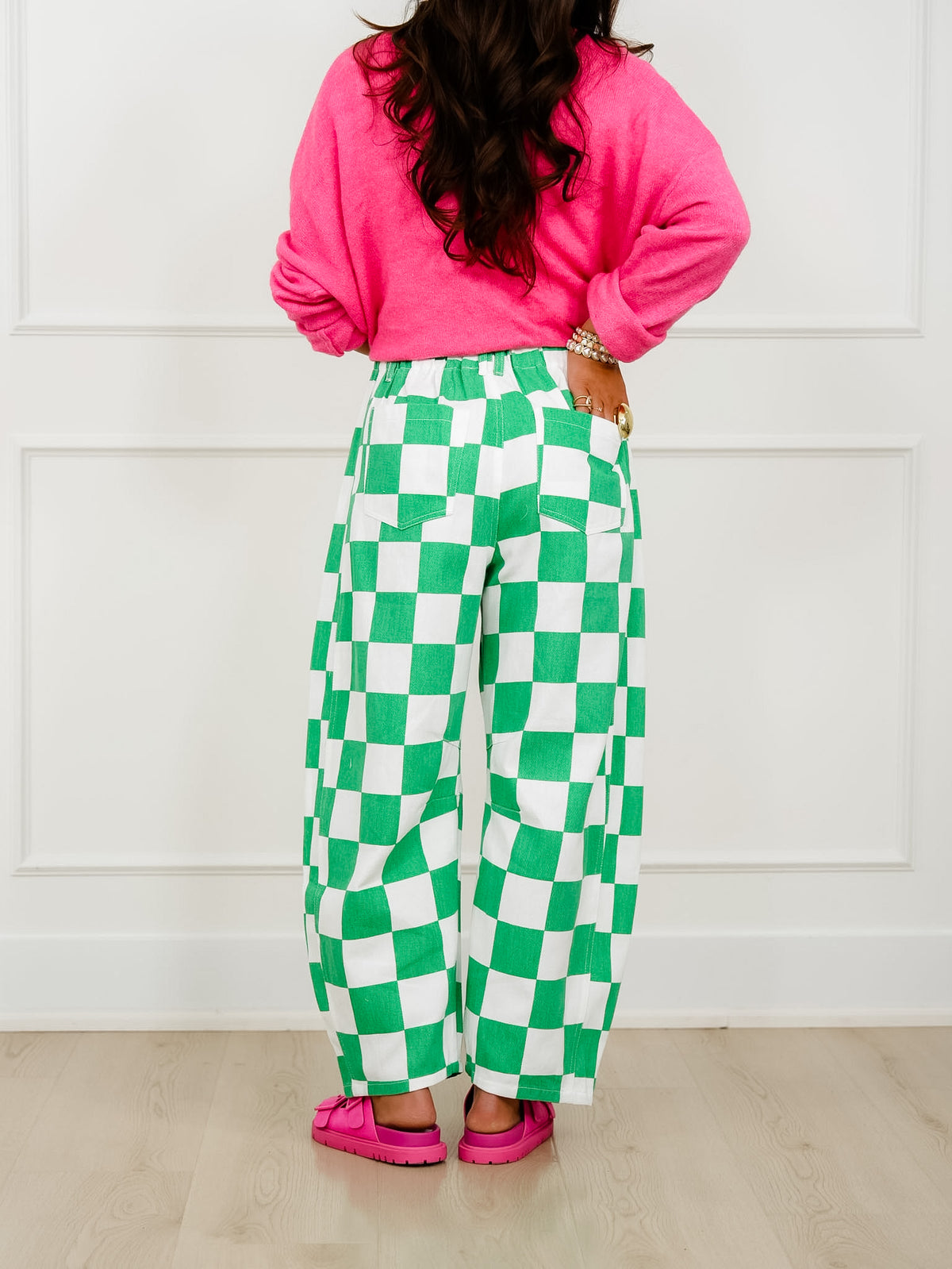 Plus/Reg Checkered Print Barrel Pants - Freckled Poppy