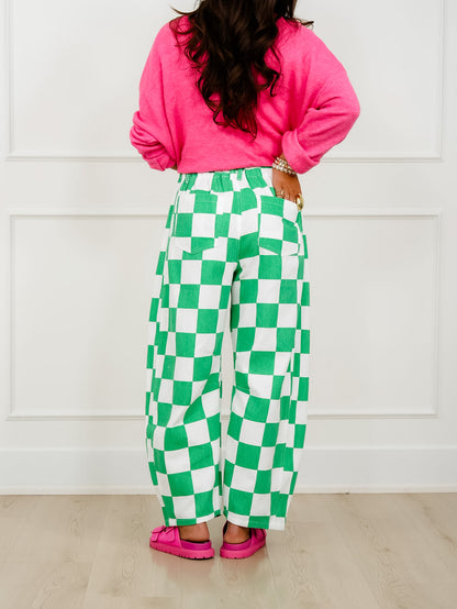 Plus/Reg Checkered Print Barrel Pants - Freckled Poppy