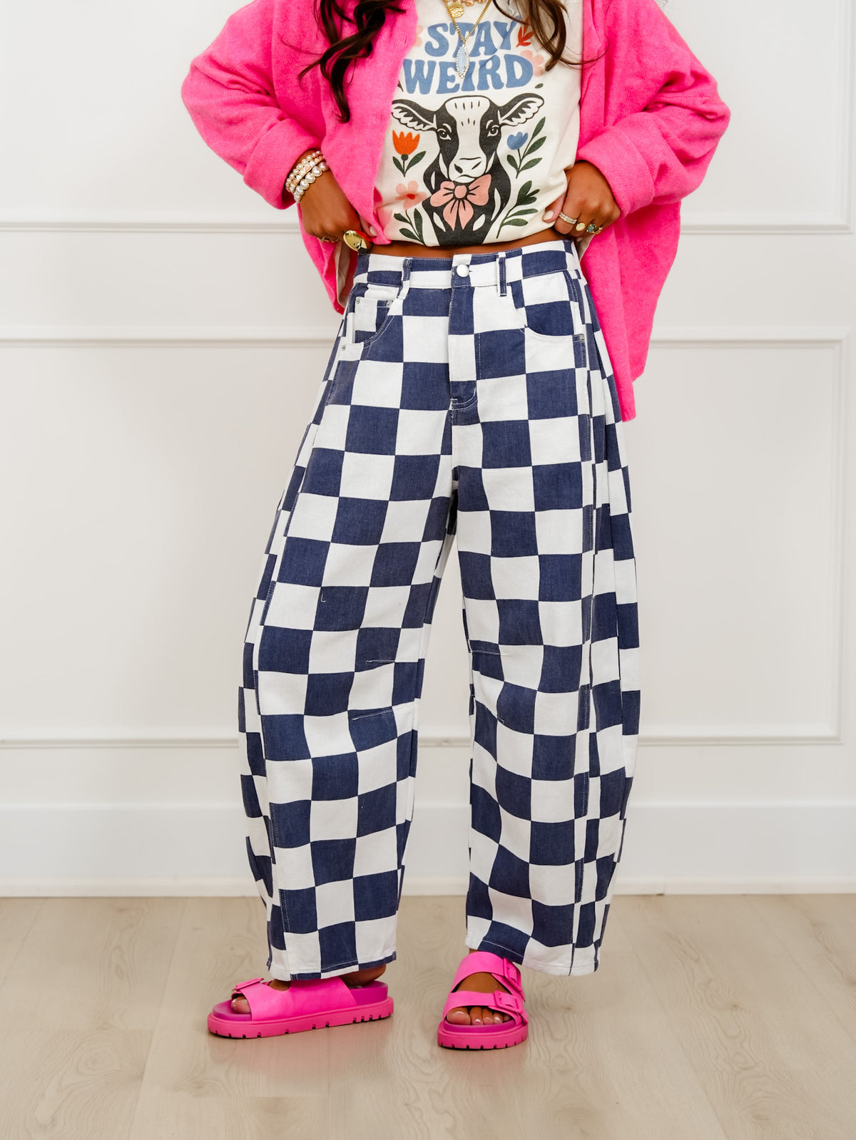 Plus/Reg Checkered Print Barrel Pants - Freckled Poppy