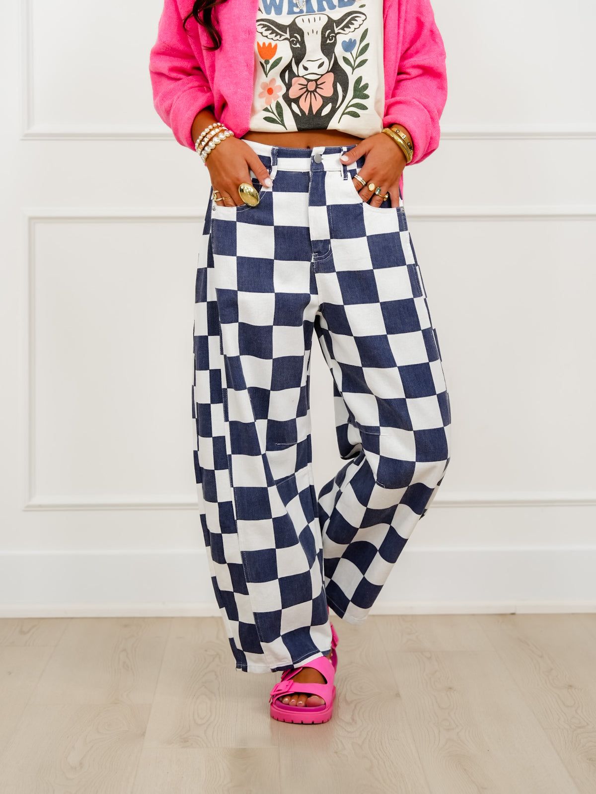 Plus/Reg Checkered Print Barrel Pants - Freckled Poppy