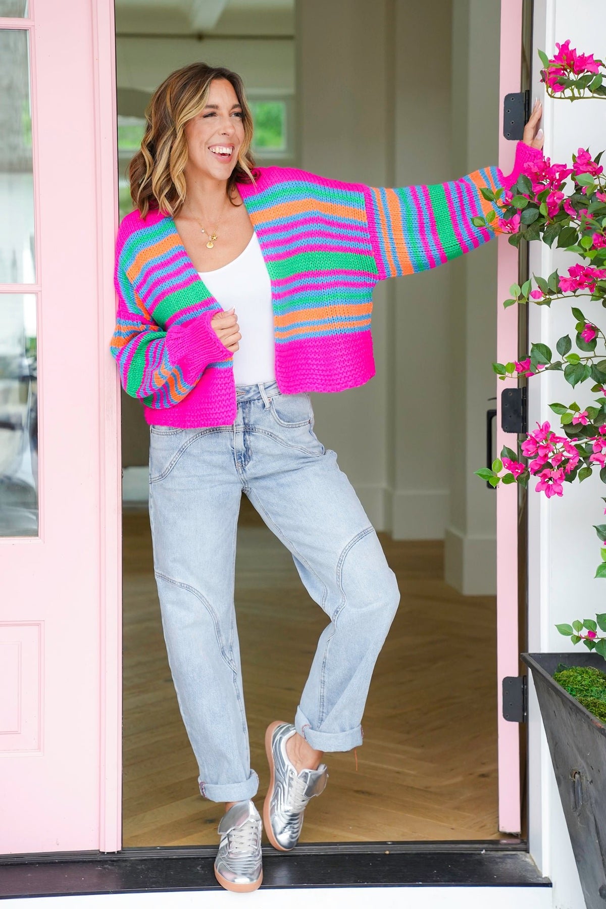 Plus/Reg Striped Long Sleeve Open Cardigan Sweater - Freckled Poppy