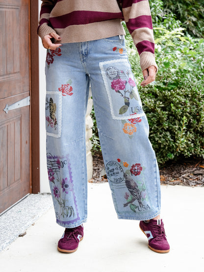 Postage Stamp Print High Waist Barrel Jeans