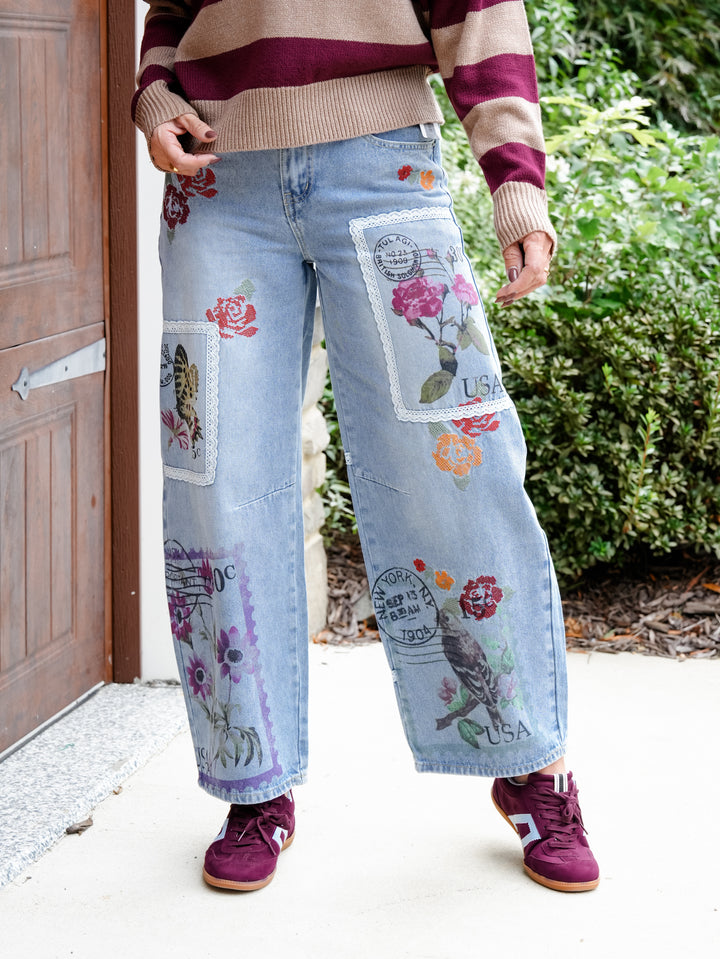 Postage Stamp Print High Waist Barrel Jeans - Freckled Poppy