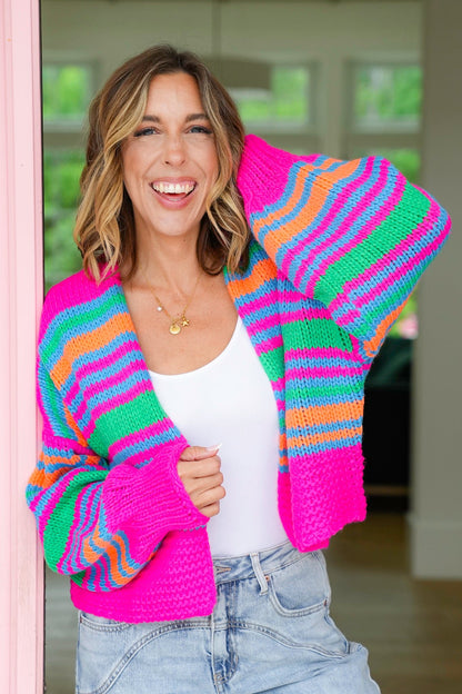 Plus/Reg Striped Long Sleeve Open Cardigan Sweater - Freckled Poppy