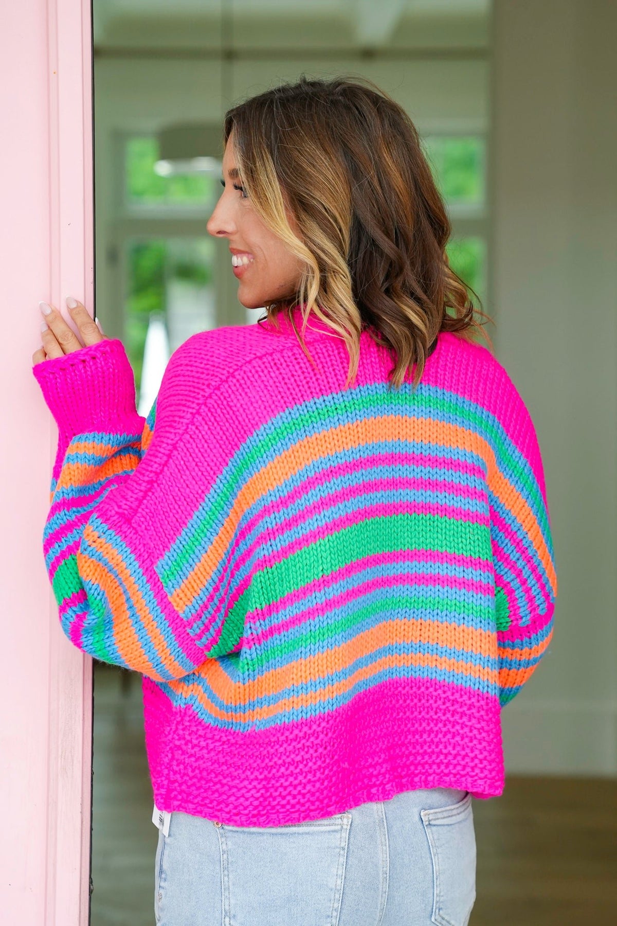 Plus/Reg Striped Long Sleeve Open Cardigan Sweater - Freckled Poppy