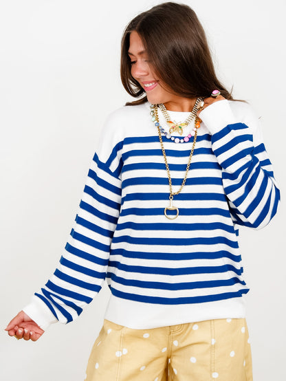 Stripe Boat Neck Long Sleeve Pullover Sweater - Freckled Poppy