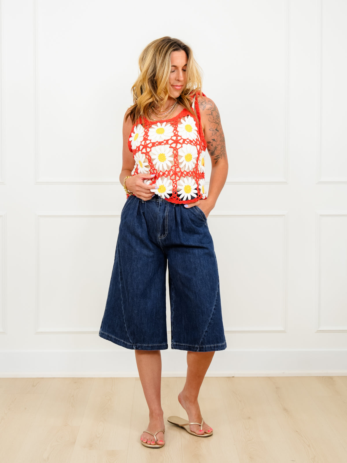 Dark Wash Wide Leg Long Shorts - Freckled Poppy
