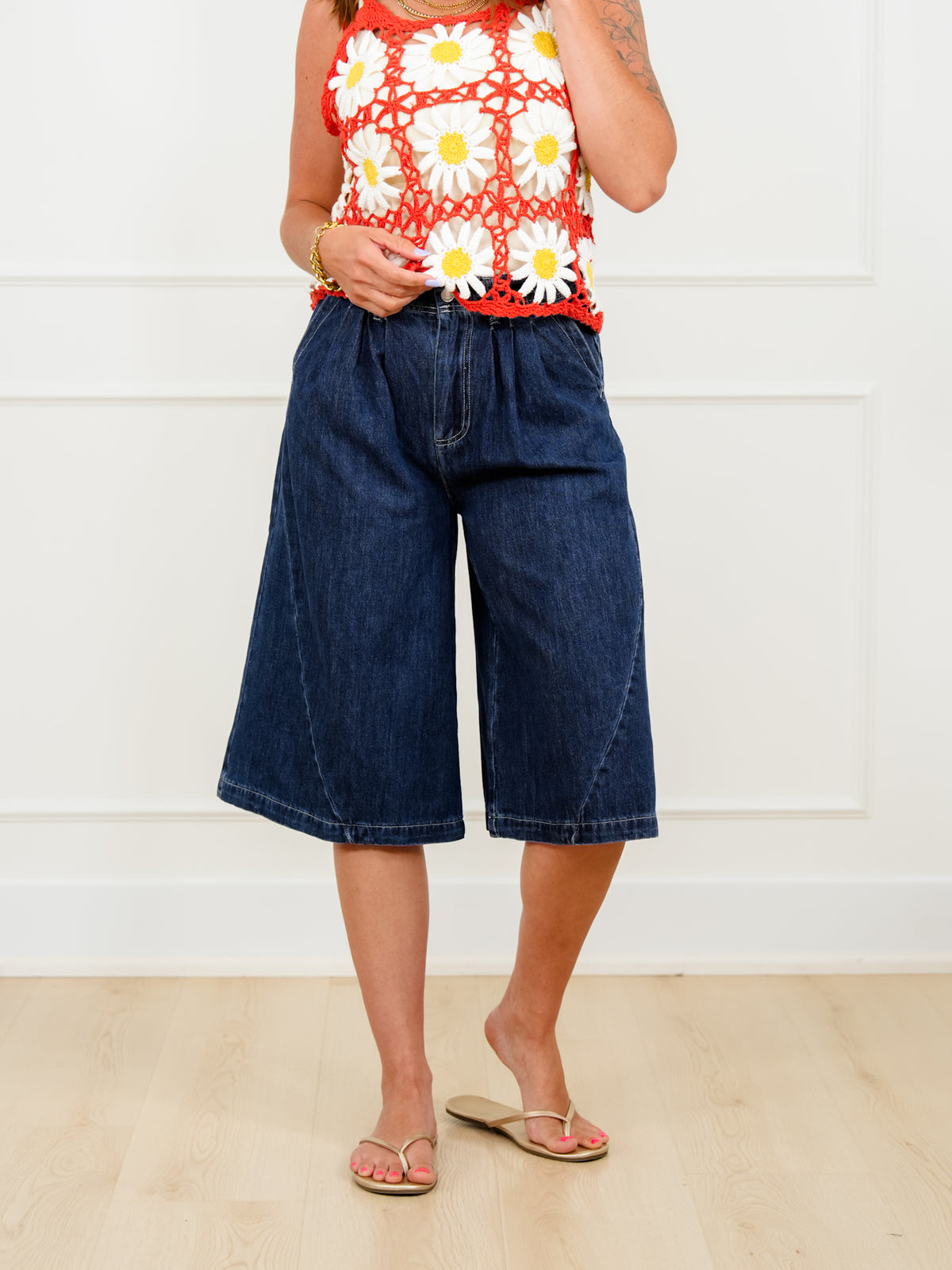 Dark Wash Wide Leg Long Shorts - Freckled Poppy