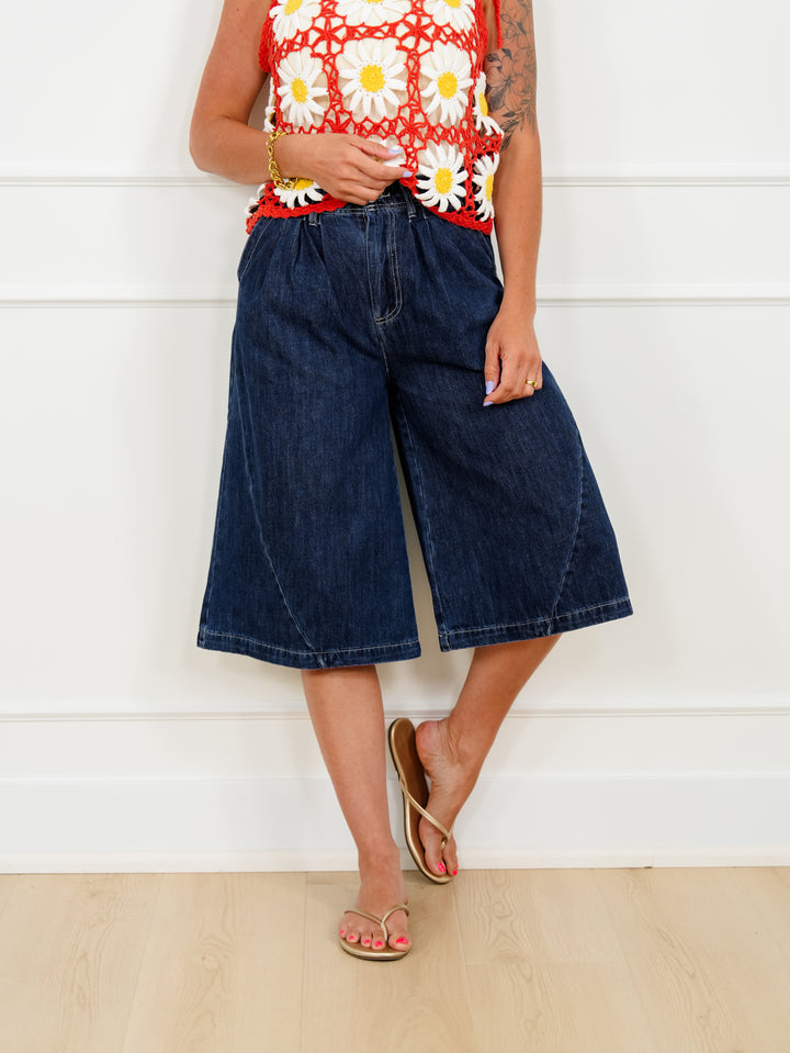 Dark Wash Wide Leg Long Shorts - Freckled Poppy