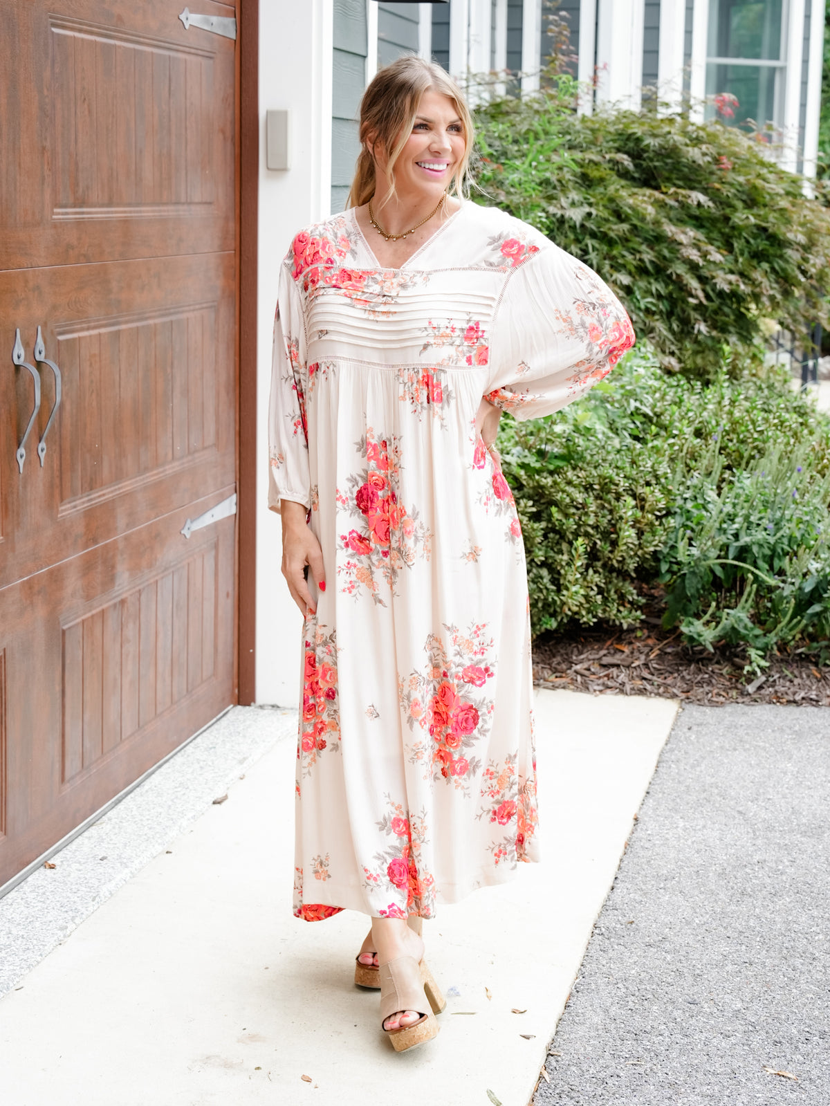 Floral Print Long Sleeve V-Neck Midi Dress