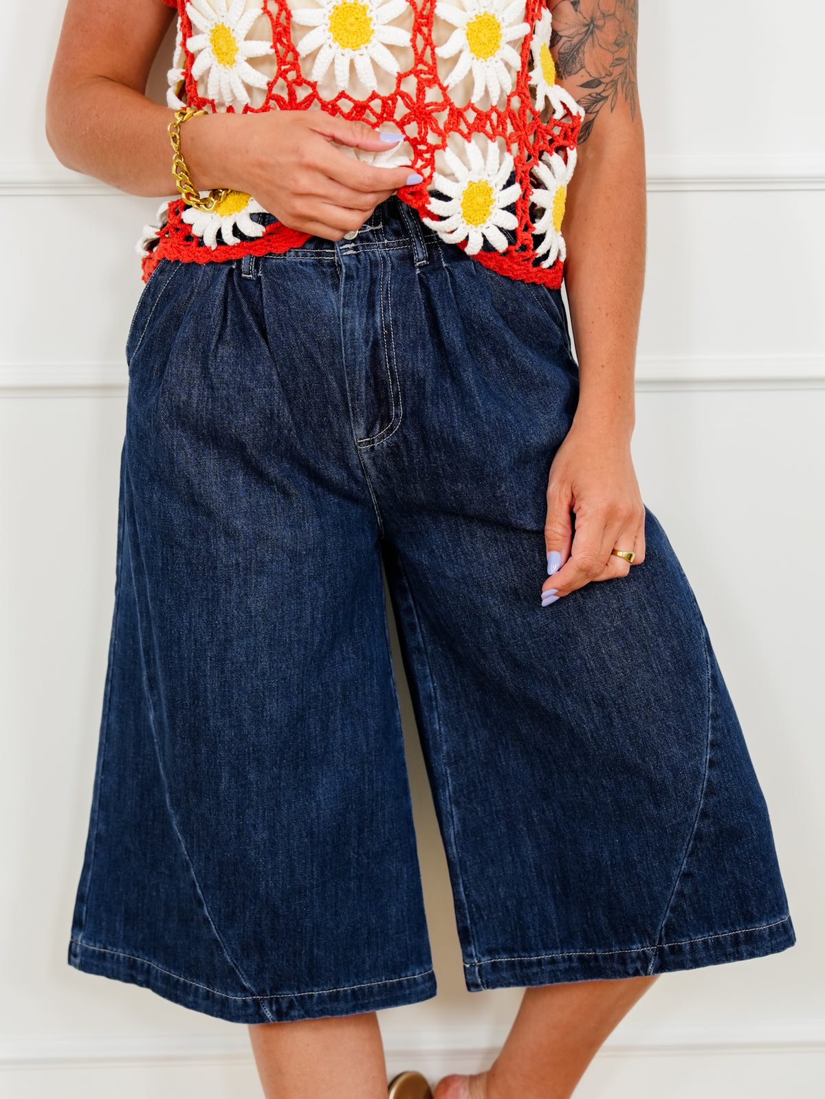 Dark Wash Wide Leg Long Shorts - Freckled Poppy