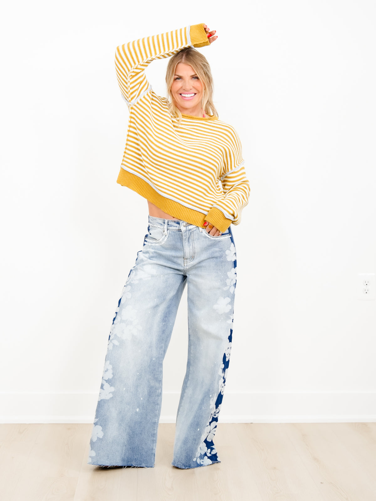 Light Wash High Waist Wide Leg Jeans with Floral Detail - Freckled Poppy