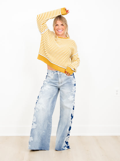 Light Wash High Waist Wide Leg Jeans with Floral Detail - Freckled Poppy